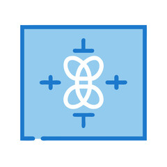 Blue square with symmetrical white design and cross markers