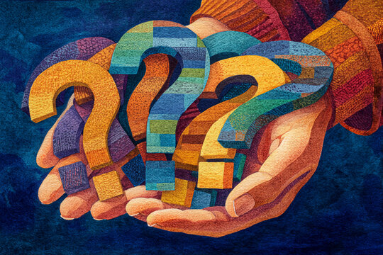 Hands hold colorful question marks, symbolizing uncertainty, choice, or the search for answers.  A concept image for decision-making, problem-solving, or FAQ sections
