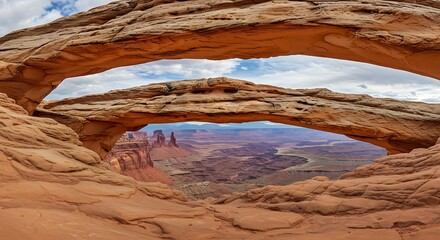 Warm sunlight illuminates the underside of Mesa Arch, framing a breathtaking view of the vast canyonlands and distant rock formations at dawn