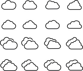 Fluffy clouds black outline icon set. Collection of various form and contours. Design elements for the weather forecast, web interface or cloud storage applications isolated on transparent background.