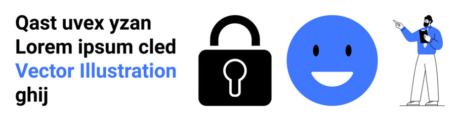 Business professional pointing to ideas beside secure lock and happy face. Ideal for security, privacy, user experience, online protection, positivity, data reassurance, simple landing page