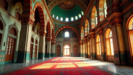 Obraz premium Serene Interior of a Grand Mosque Sunlight Illuminates Ornate Arches, Intricate Designs, and a Rich Red Carpet