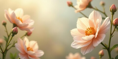 Obraz premium Serene Pastel Blossoms in Soft Sunlight Delicate Petals Unfolding, Gentle Breeze, Tranquil Garden Scene