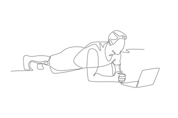 Man watching correct plank movements from online class on laptop. Online fitness classes concept one-line drawing
