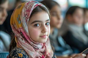 Girl in school uniform stares at cell, textbooks scattered around her on desk, hinting at distraction from studies.