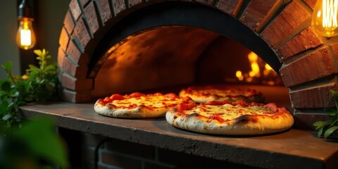 Artisan Baked Pizzas Emerging from a Brick Oven in a Cozy Setting