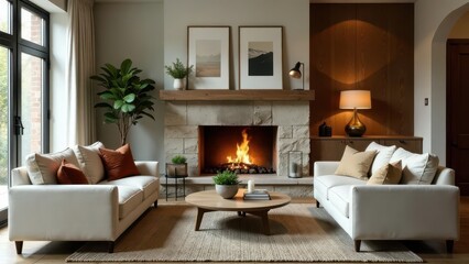 Serene living room with a cozy fireplace, featuring comfortable sofas and warm lighting, creating a relaxing ambiance