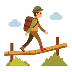 Hiker crossing wooden bridge vector on white background vector illustration