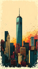 Naklejka premium Sunset cityscape tall buildings warm tones