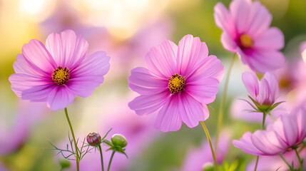Fototapeta premium Delicate pink flowers blooming in soft focus background