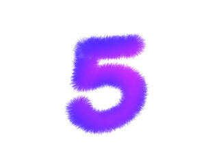 Glowing purple number five with neon gradient design on white.