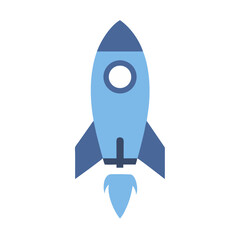 Simple blue rocket ship flying on a black background