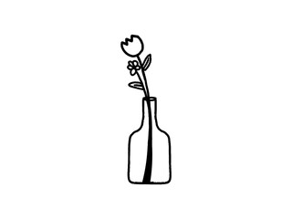 Minimalistic wine bottle and corkscrew line illustration in black