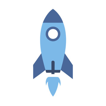 Simple blue rocket ship flying on a black background