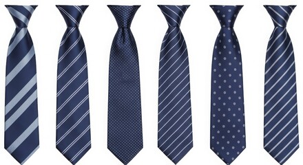 A collection of six navy blue ties with various patterns and designs shown