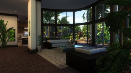 Fototapeta premium Tropical modern living room, open-plan, lush garden view