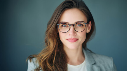 Fototapeta premium Close-up portrait of a young woman with brown hair wearing glasses, against a teal background. Image conveys professionalism, confidence, and intelligence.