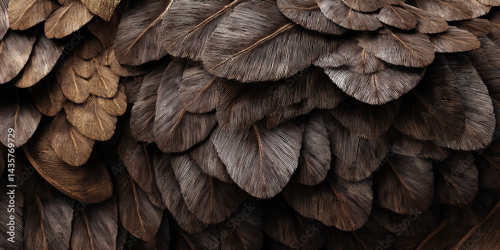 Poster Close-up of brown feather texture, showing intricate detail and overlapping layers, creating a rich and elegant appearance, symbolizing nature's artistry and sophisticated design