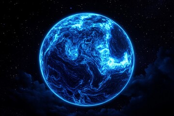 Vivid ocean waves illuminated by a bright azure celestial body at night