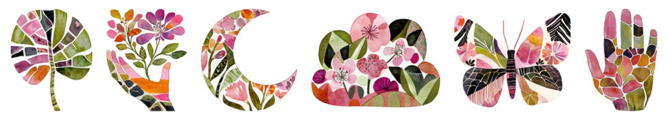 Obraz premium PNG Colorful floral mosaic designs, element set on transparent background