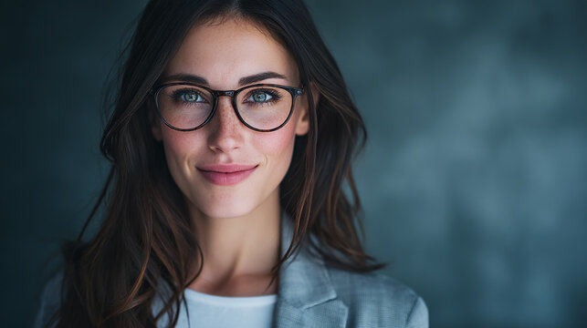 Close-up portrait of a woman with brown hair wearing glasses, against a teal background, conveying confidence and professionalism