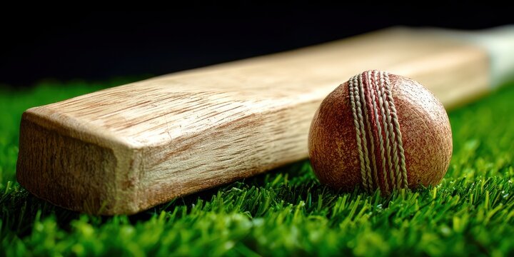 A wooden bat and a ball are on a green field