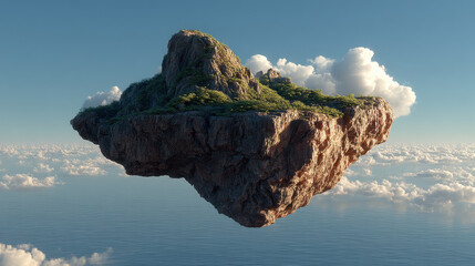 A surreal floating island with rocky cliffs and green vegetation hovers peacefully above a serene ocean and soft clouds, creating a dreamlike landscape scene.