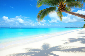 palm tree casts a shadow on a white sand beach