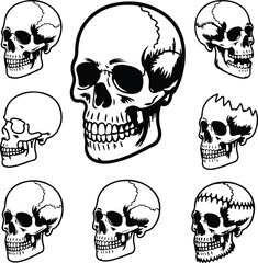Skull Outline Silhouette Set | Skeleton Head Vector Art Skull Drawing Silhouette | Horror and Anatomy Design