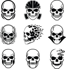Skull Outline Silhouette Set | Skeleton Head Vector Art Skull Drawing Silhouette | Horror and Anatomy Design