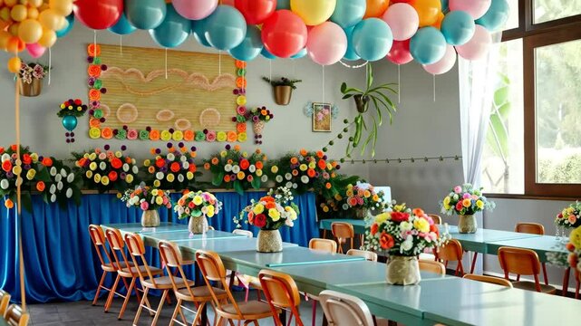 A kindergarten graduation setup with colorful chairs, balloons, and a festive table with flowers