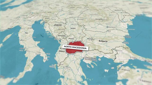 Borders of the state of North Macedonia on the map. Country North Macedonia on the map is highlighted by a polygonal border. From above zooming in with panoramic view