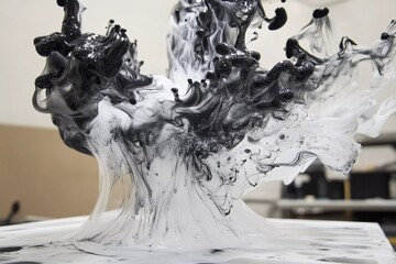 Abstract black and white art formation displayed on a gallery wall in a contemporary setting