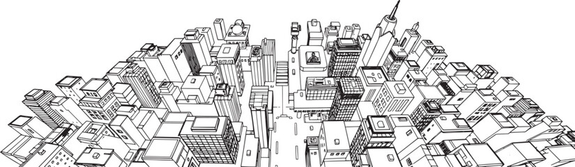 City landscape. Line urban backdrop, different buildings on street, doodle street draw, outline cityscape hand sketch, flat houses. Hand drawn vector illustration
