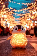 Fototapeta premium Cute penguin figurine in illuminated Christmas lights