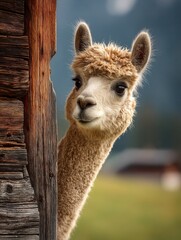 Obraz premium a fluffy alpaca peeking playfully from behind a rustic wooden wall 