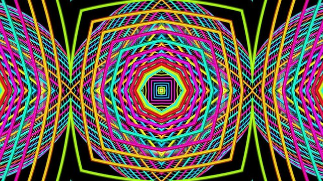 Abstract symmetrical composition, 3d elements light up like bulbs with multicolor neon light. Looped bg for show or events, exhibitions, festivals or concerts, music videos, DJ or VJ for night clubs.