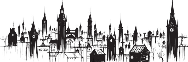 City landscape. Line urban backdrop, different buildings on street, doodle street draw, outline cityscape hand sketch, flat houses. Hand drawn vector illustration