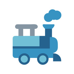 Flat design blue toy train icon on black background