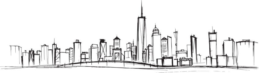 City landscape. Line urban backdrop, different buildings on street, doodle street draw, outline cityscape hand sketch, flat houses. Hand drawn vector illustration