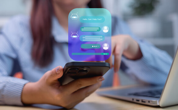Intelligent digital customer service application concept, AI chatbot mobile application uses artificial intelligence chatbot to automatically reply to online messages and immediately assist customers.