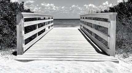 Obraz premium Wooden Boardwalk to Sandy Beach Ocean View Black and White Photography