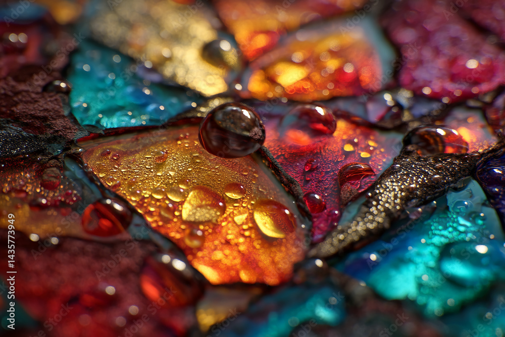 Poster close-up of water droplets on a colorful, textured surface, creating an abstract, vibrant image, sho