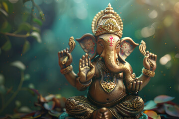 Fototapeta premium Bright holiday composition for happy Ganesh Chaturthi, abstract vivid composition consists of fictional unreal fantastic vision on background