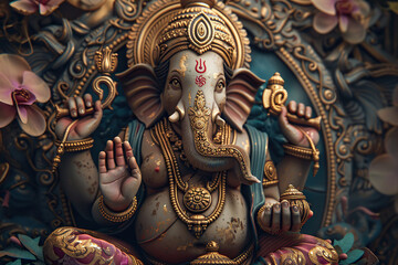 Bright holiday composition for happy Ganesh Chaturthi, abstract vivid composition consists of fictional unreal fantastic vision on background