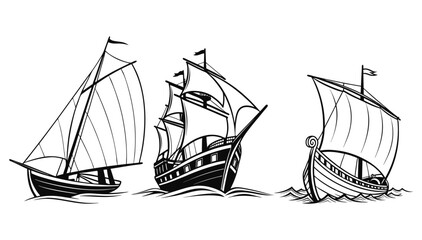 A silhouette set of a  90s Old ship, vintage black and white, white background, minimal details vector