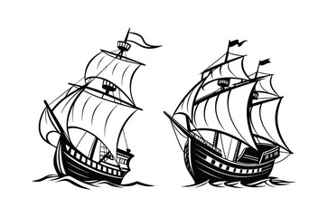 A silhouette set of a  90s Old ship, vintage black and white, white background, minimal details vector