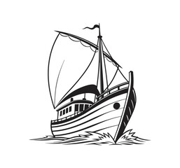 Silhouette of a  90s Old ship, vintage black and white, white background, minimal details vector illustration.
