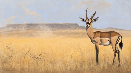 Naklejka premium Antelope standing alert in a golden grassland with dust swirling in the wind