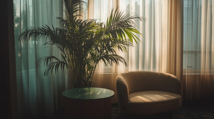 Fototapeta premium Serene Interior Scene: A tranquil indoor scene showcases a lush potted plant alongside a cozy armchair and a small table, all bathed in soft, natural light filtering through elegant curtains.